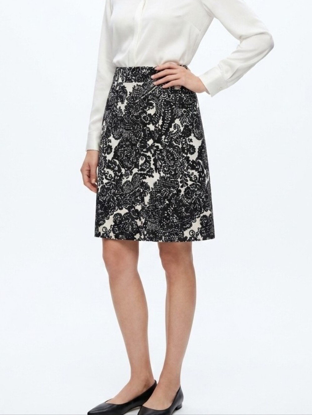 Talbots Black & White Lace Print Flat Front Cotton A-Line Skirt Size 8